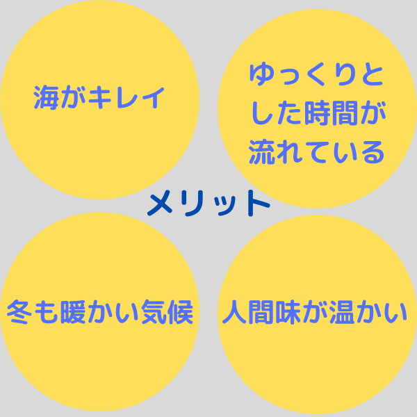 沖縄のメリット：海がキレイ・ゆっくりとした時間が流れている・冬も暖かい気候・人間味が温かい