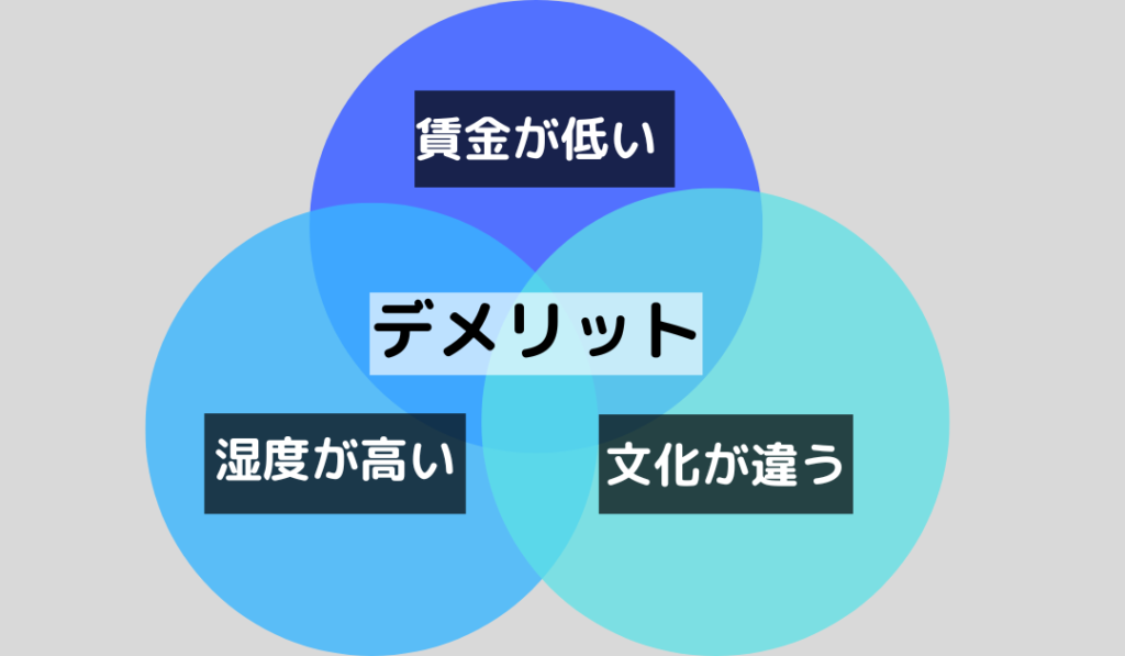 沖縄のデメリット
賃金が低い
湿度が高い
文化が違う